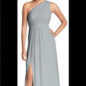 Long one shoulder chiffon dress with asymmetric neckline. Color mystic size 4.